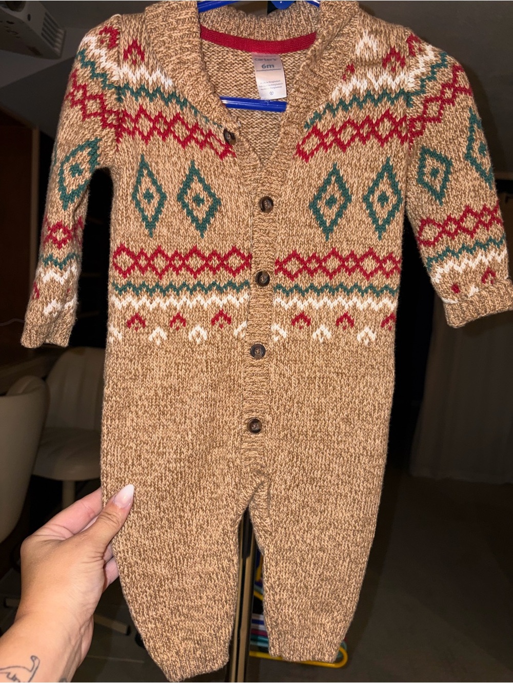Carter's Tan Knit One-Piece with Red and Green Fair Isle Accents